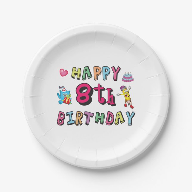 Assiettes En Carton Joyeux 8e anniversaire. 8 ans b-jour. (Devant)