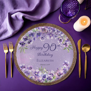 Assiettes En Carton Joyeux 90e Anniversaire Fleurs Violettes Elégantes