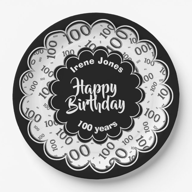 Assiettes En Carton Joyeux anniversaire 100e Noir/Blanc Motif numériqu (Devant)