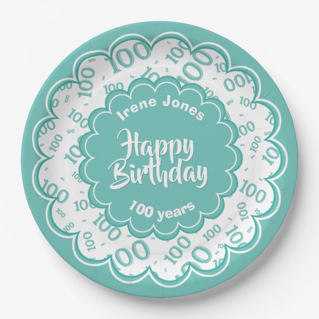 Assiettes En Carton Joyeux anniversaire 100e Turquoise/Motif numérique (Devant)