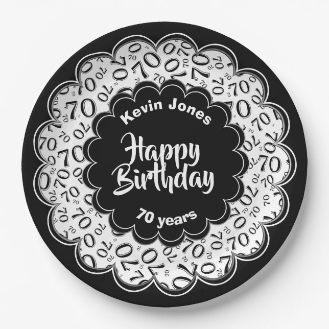 Assiettes En Carton Joyeux anniversaire 70e Motif numérique noir et bl (Devant)