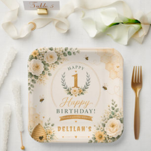 Assiettes En Carton Joyeux Anniversaire Abeille à Miel Douce
