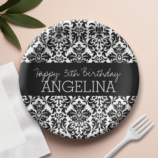 Assiettes En Carton Joyeux anniversaire avec un damas noir et blanc te (Custom Paper Plate)