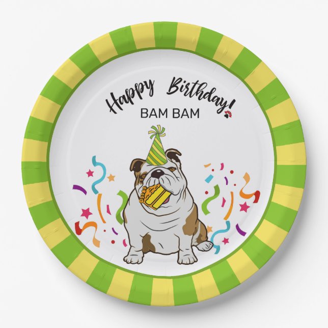 Assiettes En Carton Joyeux anniversaire avec votre Bulldog Bam Bam Dog (Devant)