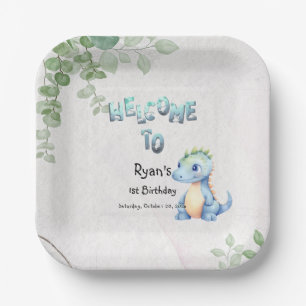 Assiettes En Carton Joyeux Anniversaire Bébé Dinosaure Aquarelle 1ère 