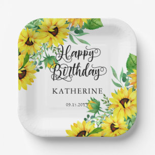 Assiettes En Carton Joyeux Anniversaire Boho Sunflowers Eucalyptus