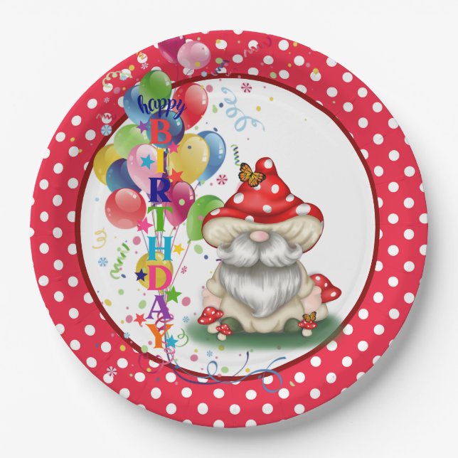 Assiettes En Carton Joyeux Anniversaire Champignons Gnome Plaque de pa (Devant)