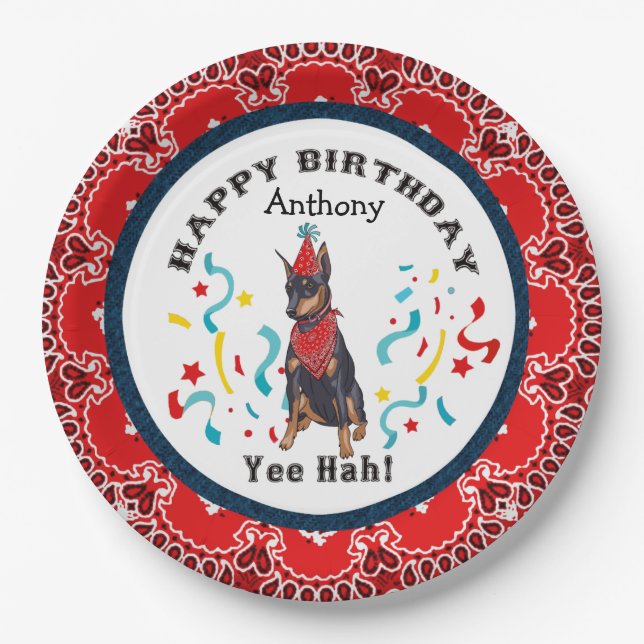 Assiettes En Carton Joyeux anniversaire de ton chien Doberman Bandana  (Devant)