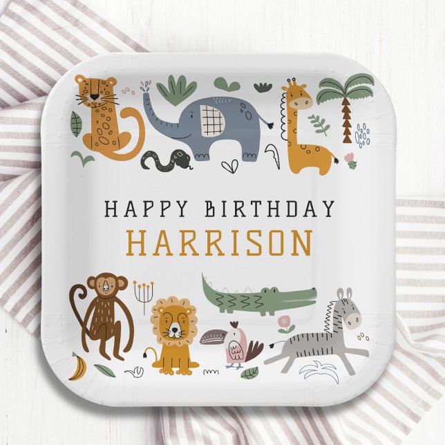 Assiettes En Carton Joyeux Anniversaire Deux Animaux Safari Sauvages E (Créateur téléchargé)