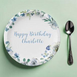 Assiettes En Carton Joyeux anniversaire Elégant Blue Blanc Floral Part