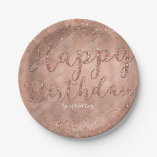 Assiettes En Carton Joyeux Anniversaire Faux Rose Gold Paillettes Glam