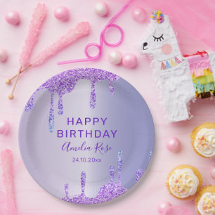 Assiettes En Carton Joyeux Anniversaire Fête au Glitter Violet Métalli