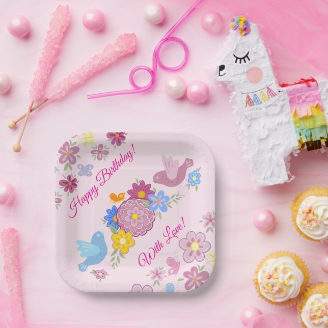 Assiettes En Carton Joyeux anniversaire Fleurs sauvages Jardin Oiseaux (Fête)
