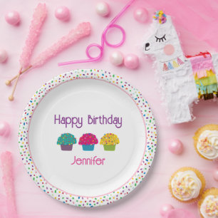 Assiettes En Carton Joyeux Anniversaire Frosted Cupcakes Rainbow Sprin
