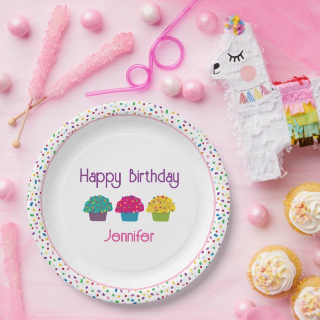 Assiettes En Carton Joyeux Anniversaire Frosted Cupcakes Rainbow Sprin (Fête)
