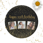 Assiettes En Carton Joyeux Anniversaire Gold Parties scintillant Photo<br><div class="desc">Célébrez un grand anniversaire avec ces plaques de papier amusantes avec 3 photos de la fille/garçon d'anniversaire,  2 titres de texte personnalisés,  le tout mis contre un arrière - plan noir accentué avec des étincelles de parties scintillant faux or. Amusant et festif - parfait pour toute célébration d'anniversaire.</div>