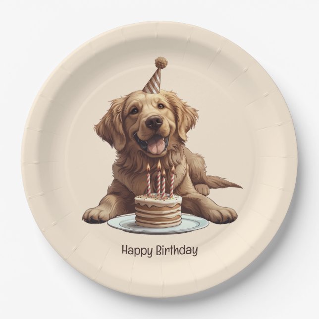 Assiettes En Carton Joyeux Anniversaire Golden Retriever Chien (Devant)