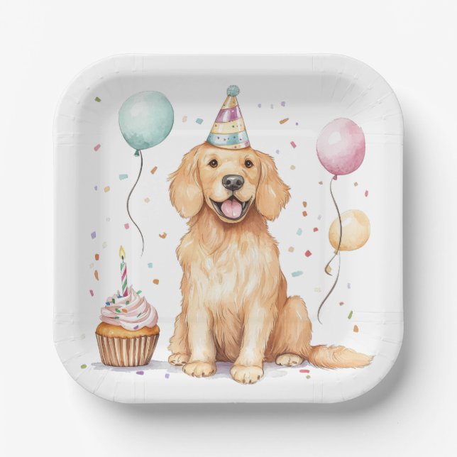 Assiettes En Carton Joyeux Anniversaire Golden Retriever Chien (Recto)