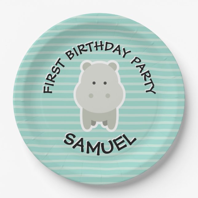 Assiettes En Carton Joyeux anniversaire Hippo Party Animaux (Devant)