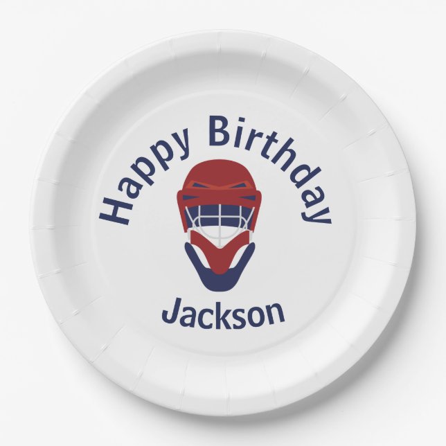 Assiettes En Carton Joyeux anniversaire Hockey Rouge & Bleu (Devant)