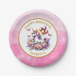 Assiettes En Carton Joyeux Anniversaire Licorne Rose, Violet et Or