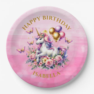 Assiettes En Carton Joyeux Anniversaire Licorne Rose, Violet et Or
