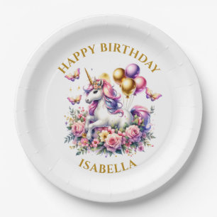 Assiettes En Carton Joyeux Anniversaire Licorne Rose, Violet et Or 
