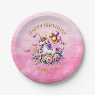Assiettes En Carton Joyeux Anniversaire Licorne Rose, Violet et Or 