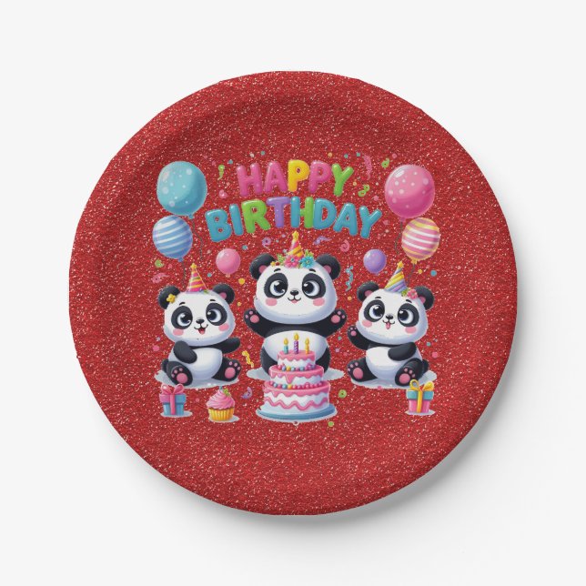 Assiettes En Carton Joyeux Anniversaire, Mes Trois Pandas, (Devant)