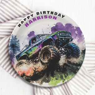 Assiettes En Carton Joyeux anniversaire Monster Truck Smash Crash Boy