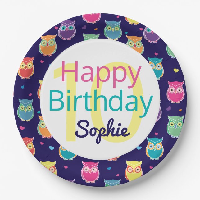 Assiettes En Carton Joyeux anniversaire Motif de la Chouette bleue Enf (Devant)