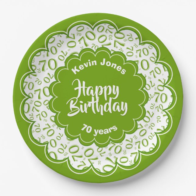 Assiettes En Carton Joyeux anniversaire motif vert et blanc (Devant)