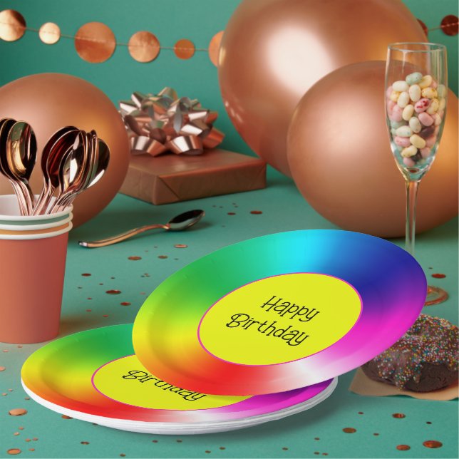 Assiettes En Carton Joyeux Anniversaire Neon Rainbow Vortex (Multi)