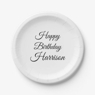 Assiettes En Carton Joyeux anniversaire noir blanc nom de script perso