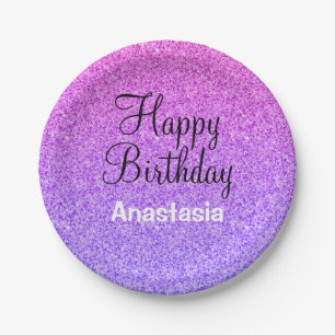 Assiettes En Carton Joyeux Anniversaire Ombré Paillettes Violettes