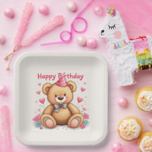 Assiettes En Carton Joyeux Anniversaire Ourson Mignon avec des Cœurs R