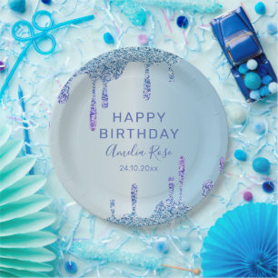 Assiettes En Carton Joyeux Anniversaire Paillettes Gouttes Bleu Métall