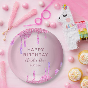 Assiettes En Carton Joyeux Anniversaire Paillettes Gouttes Rose Métall