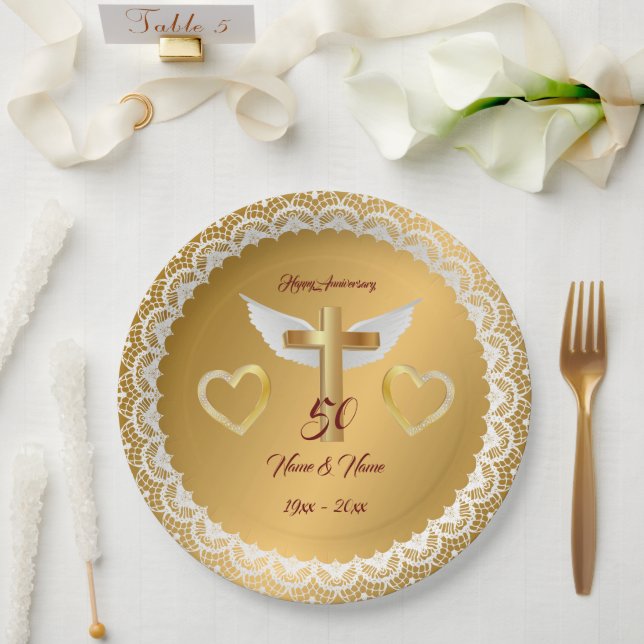 Assiettes En Carton Joyeux Anniversaire personnalisé avec dentelle dor (Mariage)
