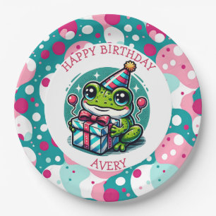 Assiettes En Carton Joyeux anniversaire personnalisé   Thème grenouill