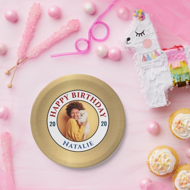 Assiettes En Carton Joyeux anniversaire Photo Gold Elegant Personnalis (Fête)