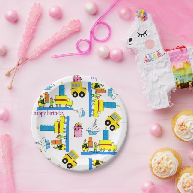 Assiettes En Carton Joyeux Anniversaire Plaques de papier Camions Bus (Fête)