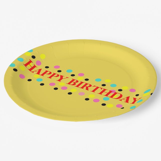 Assiettes En Carton Joyeux anniversaire Pois Jaune (Angle)