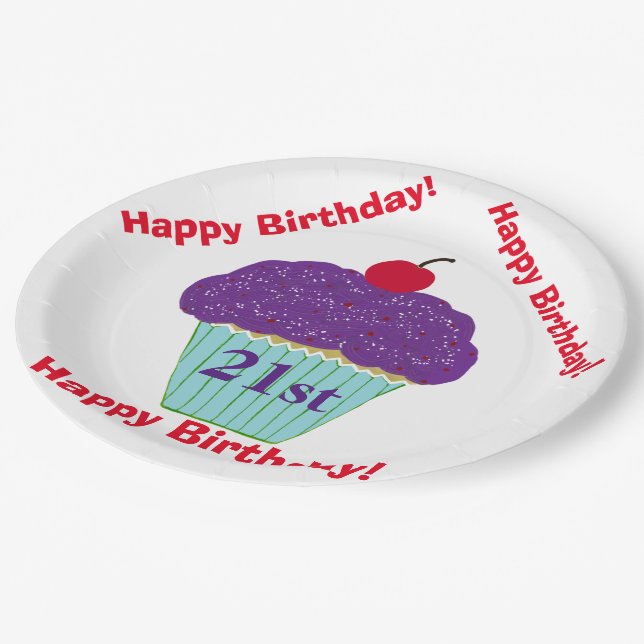 Assiettes En Carton Joyeux Anniversaire Purple Frosting Cerry Cupcake (Angle)