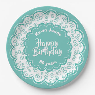 Assiettes En Carton Joyeux anniversaire quatre-vingtième Teal et motif