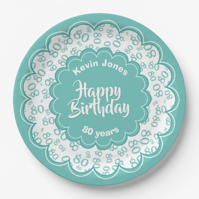 Assiettes En Carton Joyeux anniversaire quatre-vingtième Teal et motif (Devant)