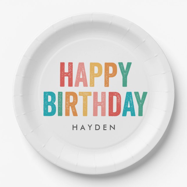 Assiettes En Carton Joyeux anniversaire Rainbow Birthday Party  (Devant)