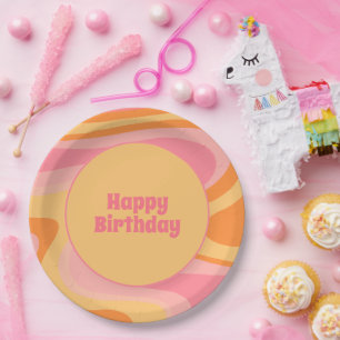 Assiettes En Carton Joyeux anniversaire Retro Vibe Abstrait Swirl 60s