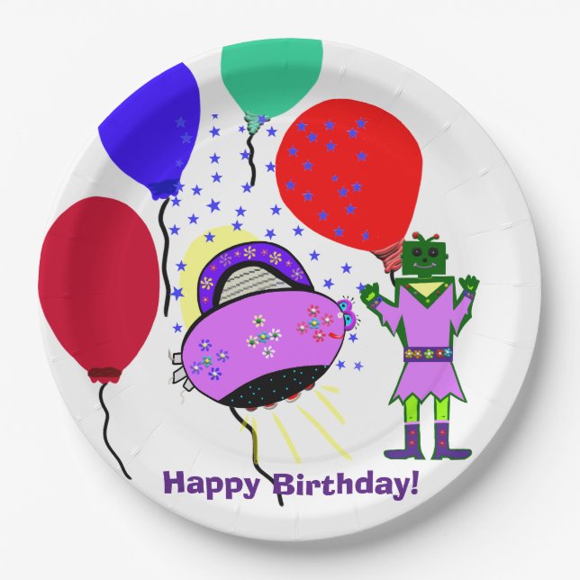 Assiettes En Carton Joyeux Anniversaire Robot Vert Rose Violet vaissea (Devant)