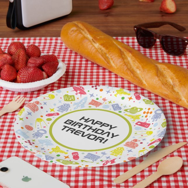 Assiettes En Carton Joyeux anniversaire Rocket Ships Green (Pique-nique)